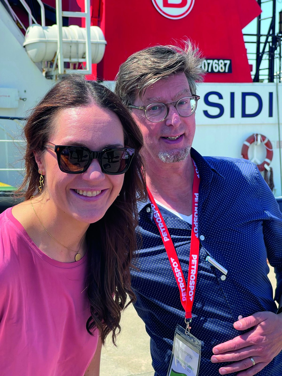 Runa Skarbø, Senior Advisor Maritime and Shipping at the Bellona Foundation, and Mark van Lieshout of VPS enjoy a port tour of Valencia  - Bunkerspotted June/July 2022