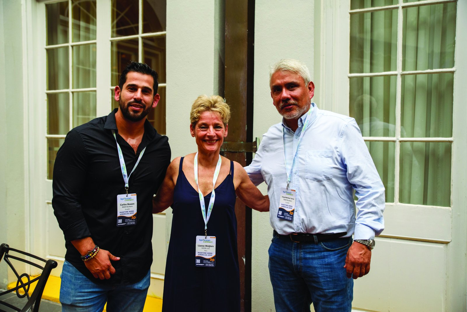 Lianne Weijters of Vooil LLC catches up with Jorge Martinez Torres and Carlos Bowen of B&M Bunkers at Maritime Week Americas - Bunkerspotted August/September 2023