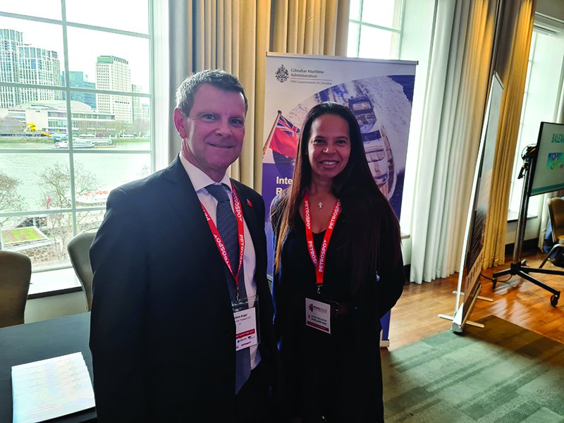 Andrew Angel of the UK’s Department for Transport with Diani Sousi, Registrar of Yachts at the Gibraltar Maritime Administration, during Gibraltar Maritime Day - Bunkerspotted February/March 2023